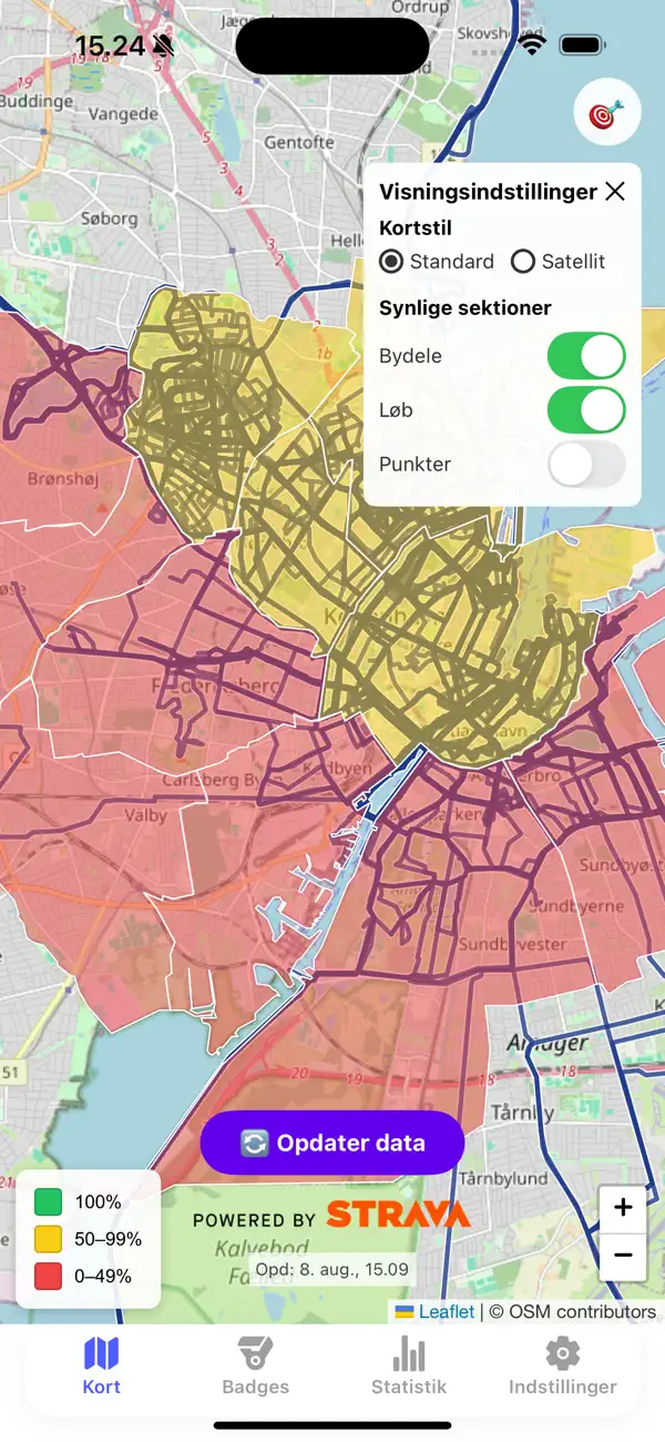 Footprints på iPhone med Københavns bydele, samlede Strava-ruter og dækningsfarver på kortet