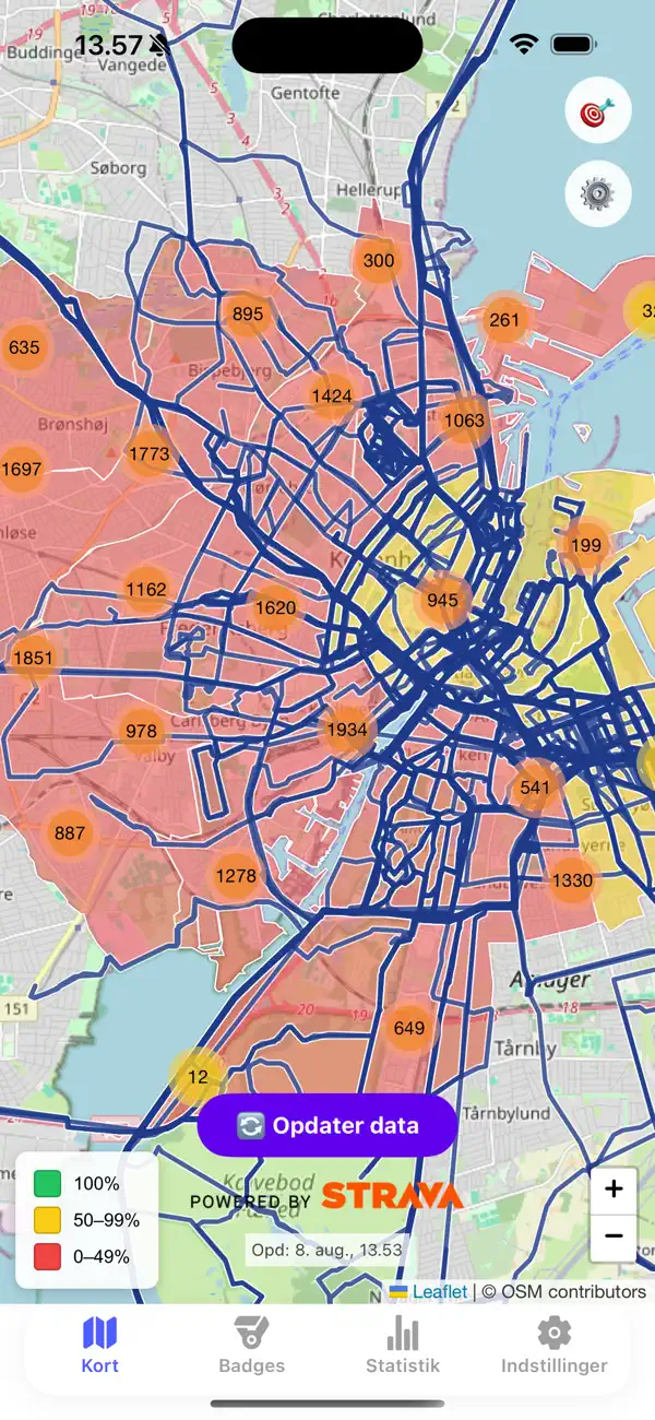 Footprints-kort med blå løberuter, farvede bydele og orange klynger af manglende punkter i København