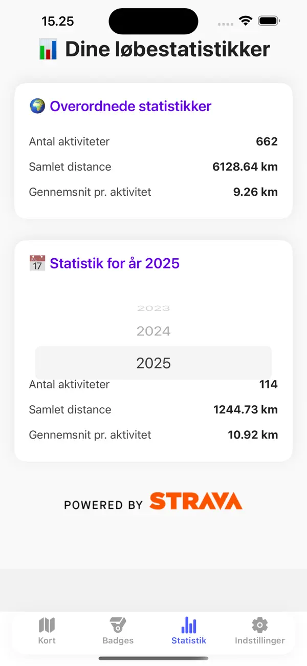Footprints-statistik med antal aktiviteter, samlet distance og gennemsnit pr. aktivitet